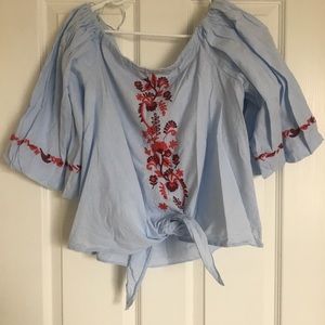 Zara embroidered off shoulder blue tie top medium